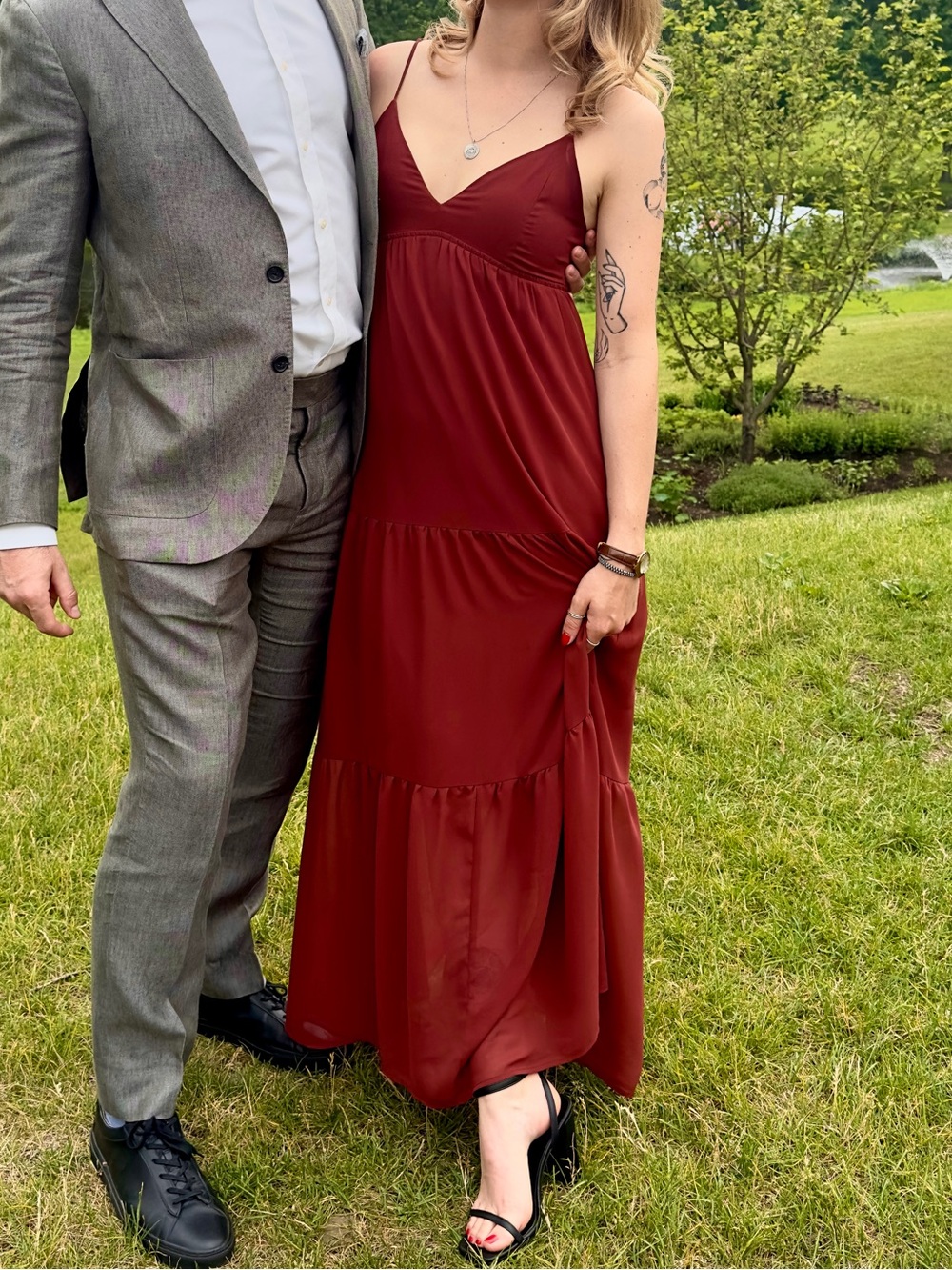 Dynamite Burgundy Spaghetti-Strap Chiffon Tiered Maxi Dress in Russet Brown
